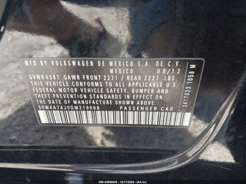 2013 Volkswagen Jetta Gli VIN: 3VW4A7AJ0DM219068 Lot: 43960439