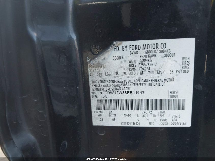 2008 Ford F-150 60Th Anniversary/Fx2/Xl/Xlt VIN: 1FTRW12W38FB11647 Lot: 43960444