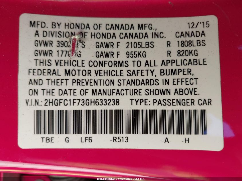 2016 Honda Civic Ex-L VIN: 2HGFC1F73GH633238 Lot: 43960446