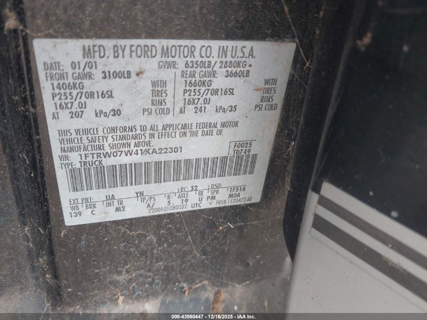 2001 Ford F-150 Harley-Davidson Edition/King Ranch Edition/Lariat/Xlt VIN: 1FTRW07W41KA22301 Lot: 43960447