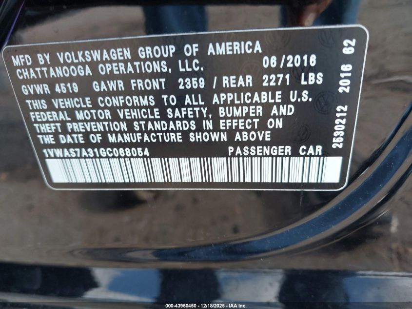 2016 Volkswagen Passat 1.8T S VIN: 1VWAS7A31GC068054 Lot: 43960450
