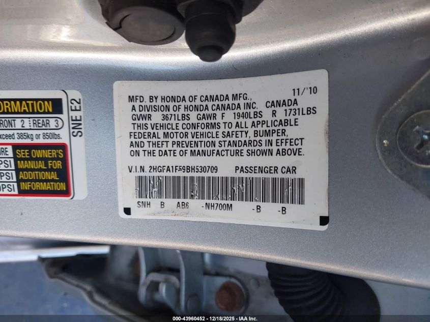 2011 Honda Civic Lx VIN: 2HGFA1F59BH530709 Lot: 43960452