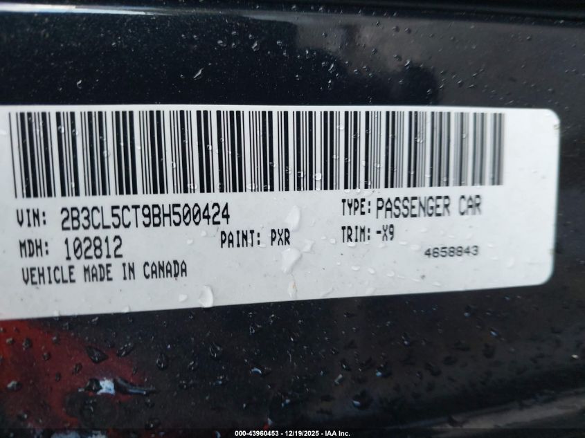 2011 Dodge Charger R/T VIN: 2B3CL5CT9BH500424 Lot: 43960453