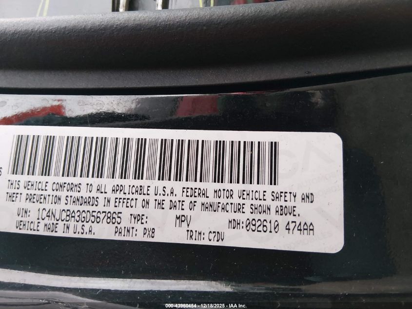 2016 Jeep Compass Sport VIN: 1C4NJCBA3GD567865 Lot: 43960454
