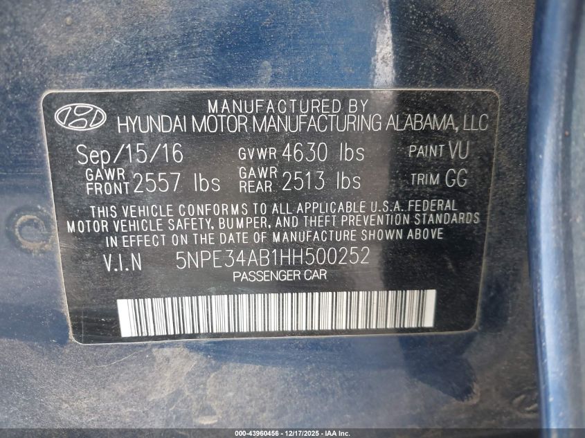 2017 Hyundai Sonata Limited 2.0T VIN: 5NPE34AB1HH500252 Lot: 43960456