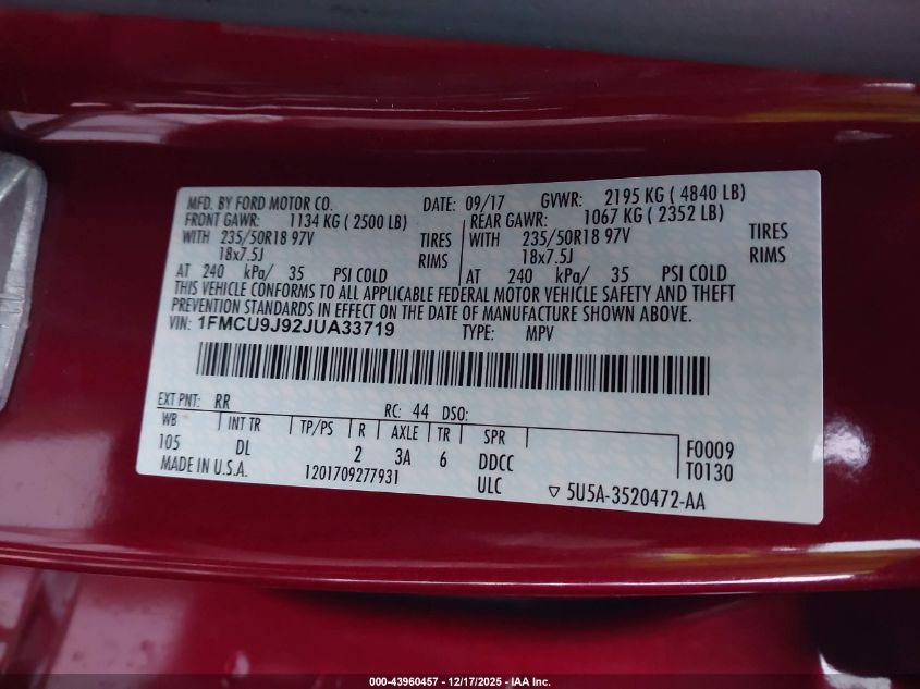 2018 Ford Escape Titanium VIN: 1FMCU9J92JUA33719 Lot: 43960457