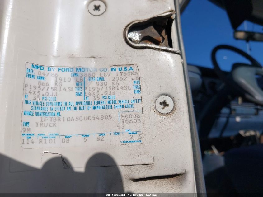 1986 Ford Ranger VIN: 1FTBR10A5GUC54805 Lot: 43960461