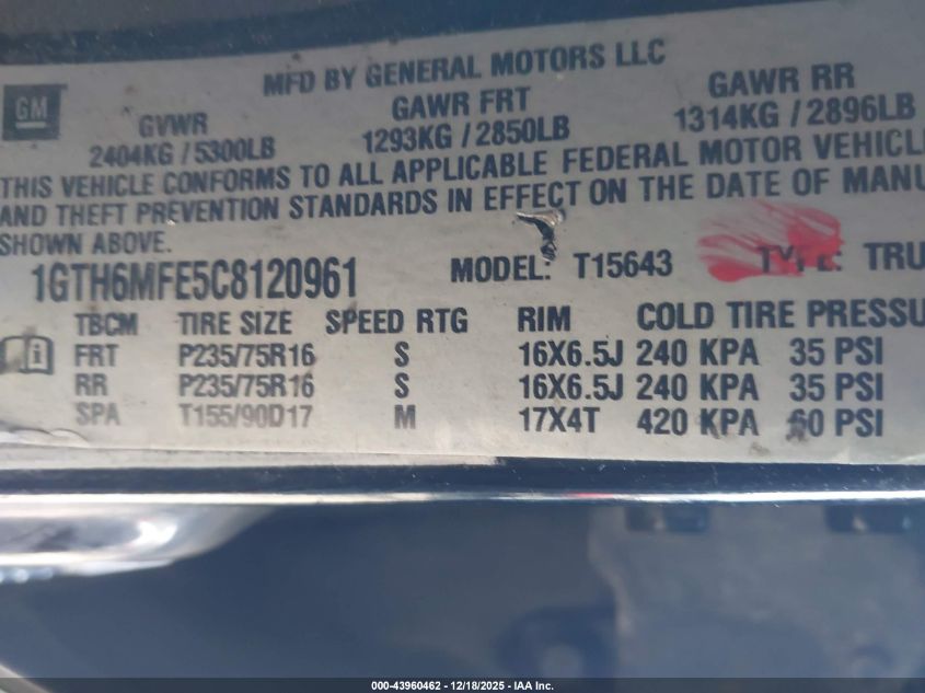 2012 GMC Canyon Sle1 VIN: 1GTH6MFE5C8120961 Lot: 43960462