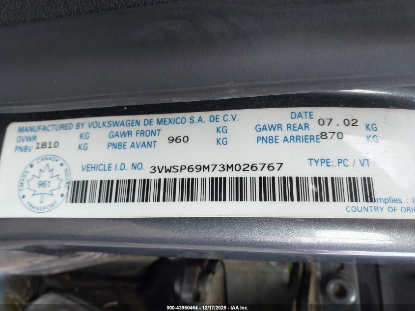 2003 Volkswagen Jetta Gls Tdi VIN: 3VWSP69M73M026767 Lot: 43960464