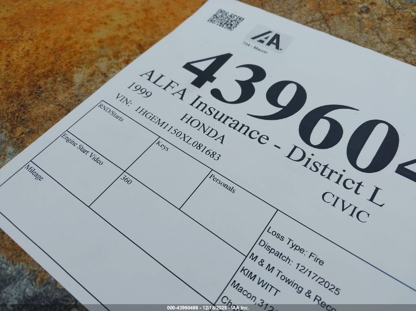 1999 Honda Civic Si VIN: 1HGEM1150XL081683 Lot: 43960466