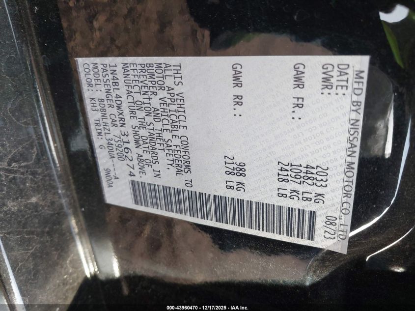 2024 Nissan Altima Sv Intelligent Awd VIN: 1N4BL4DWXRN316274 Lot: 43960470