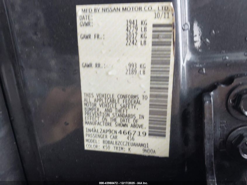 2012 Nissan Altima 2.5 S VIN: 1N4AL2AP9CN466719 Lot: 43960472