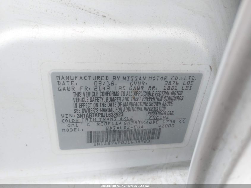 2018 Nissan Sentra Sv VIN: 3N1AB7AP0JL638923 Lot: 43960474