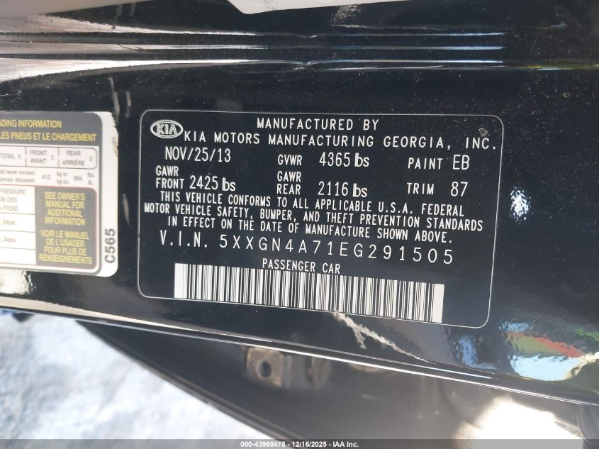 2014 Kia Optima Ex VIN: 5XXGN4A71EG291505 Lot: 43960475