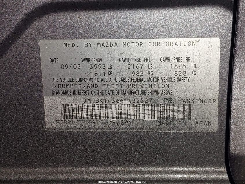 2006 Mazda Mazda3 S VIN: JM1BK143661432527 Lot: 43960478