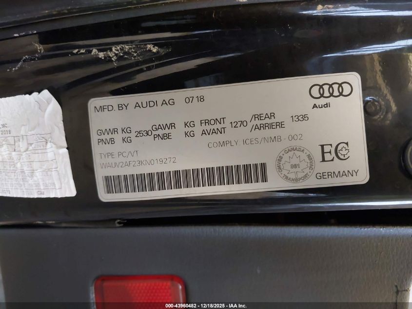 2019 Audi A7 55 Premium VIN: WAUV2AF23KN019272 Lot: 43960482