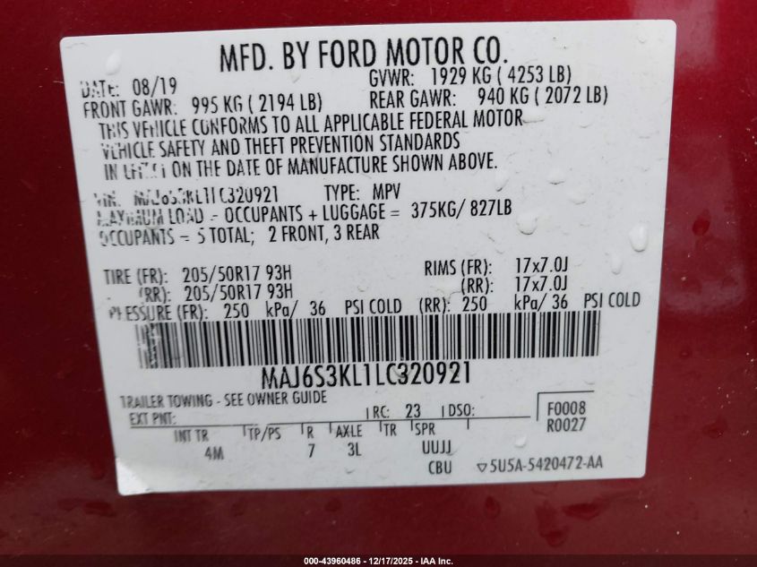 2020 Ford Ecosport Titanium VIN: MAJ6S3KL1LC320921 Lot: 43960486