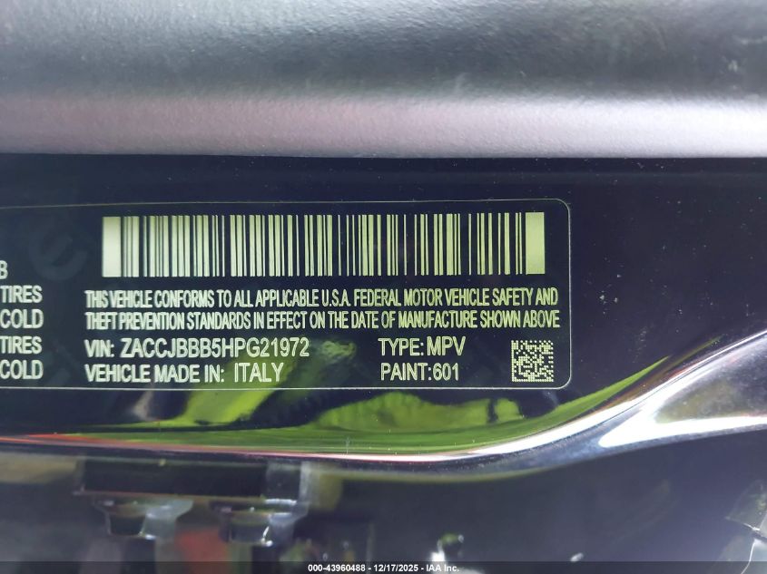 2017 Jeep Renegade Altitude 4X4 VIN: ZACCJBBB5HPG21972 Lot: 43960488