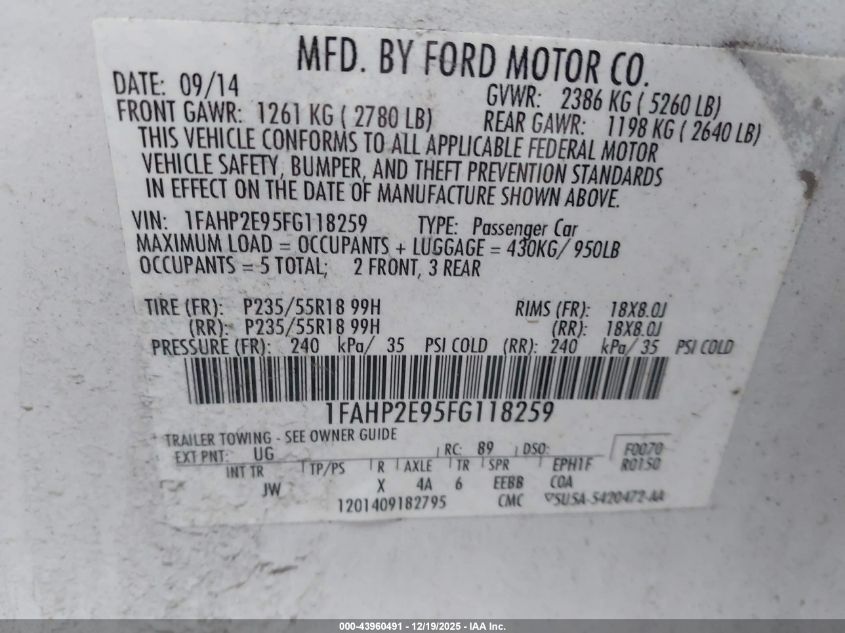 2015 Ford Taurus Sel VIN: 1FAHP2E95FG118259 Lot: 43960491