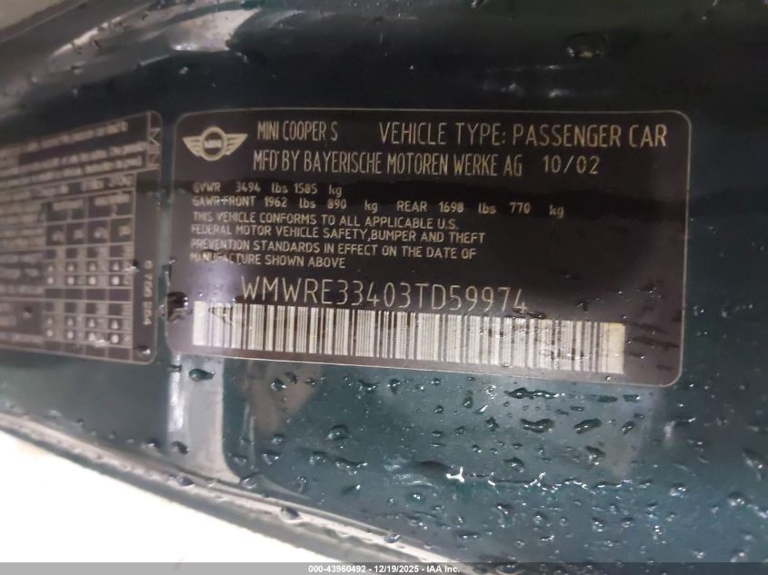 2003 Mini Cooper S VIN: WMWRE33403TD59974 Lot: 43960492