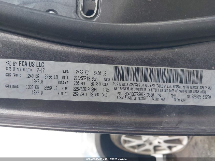 2017 Dodge Journey Gt VIN: 3C4PDCEG9HT613680 Lot: 43960493