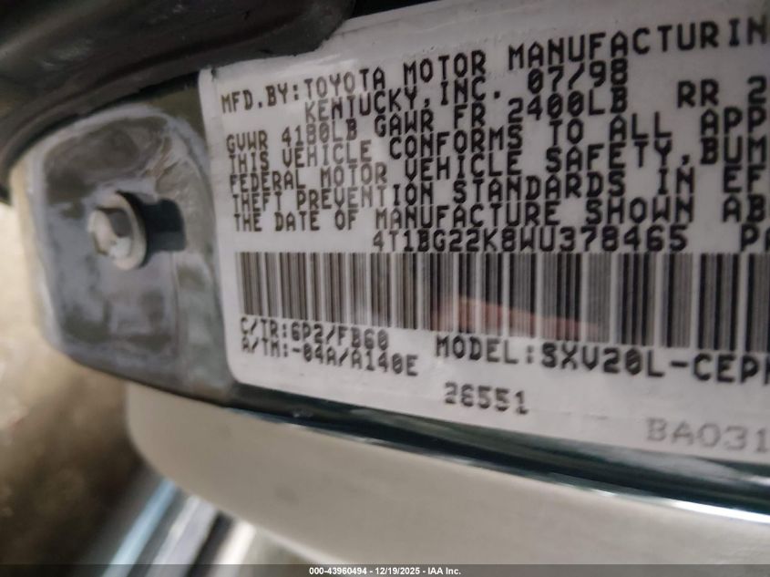 1998 Toyota Camry Le VIN: 4T1BG22K8WU378465 Lot: 43960494