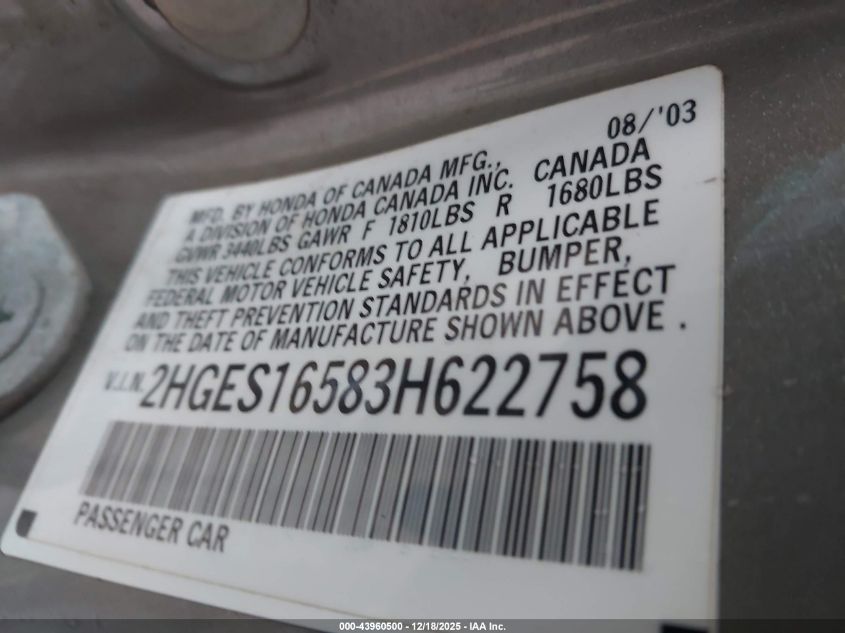 2003 Honda Civic Lx VIN: 2HGES16583H622758 Lot: 43960500