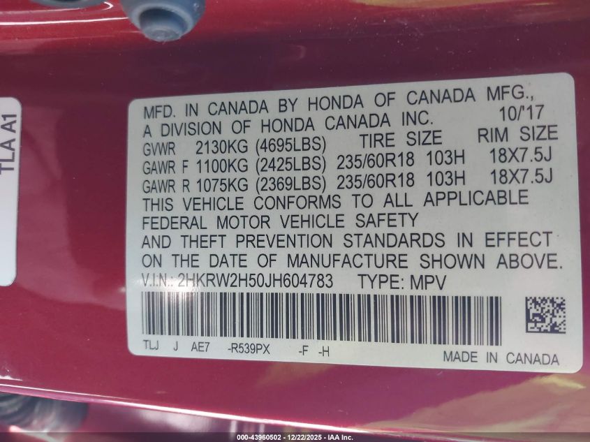 2018 Honda Cr-V Ex VIN: 2HKRW2H50JH604783 Lot: 43960502