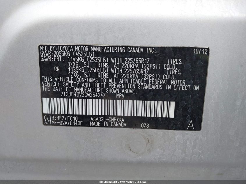 2012 Toyota Rav4 VIN: 2T3BF4DV2CW254247 Lot: 43960501