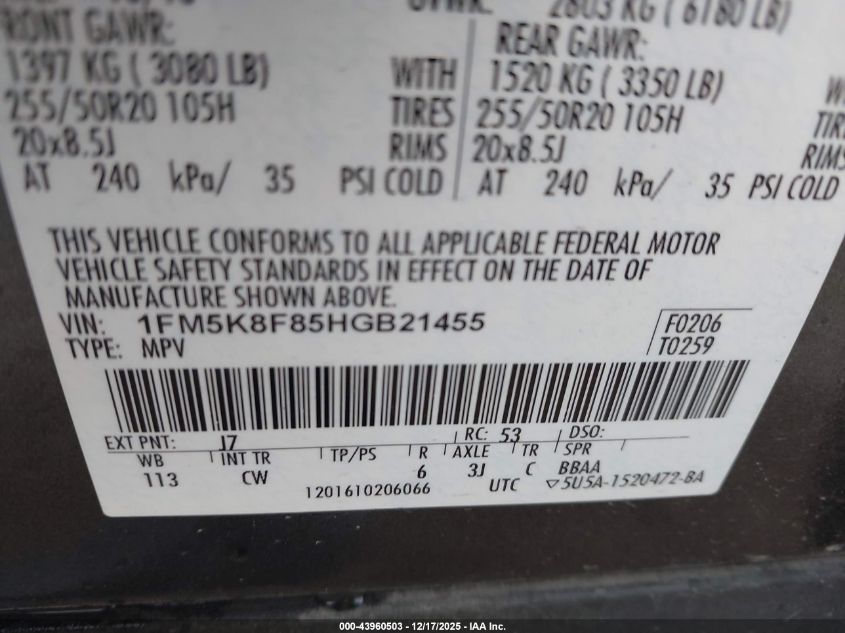 2017 Ford Explorer Limited VIN: 1FM5K8F85HGB21455 Lot: 43960503