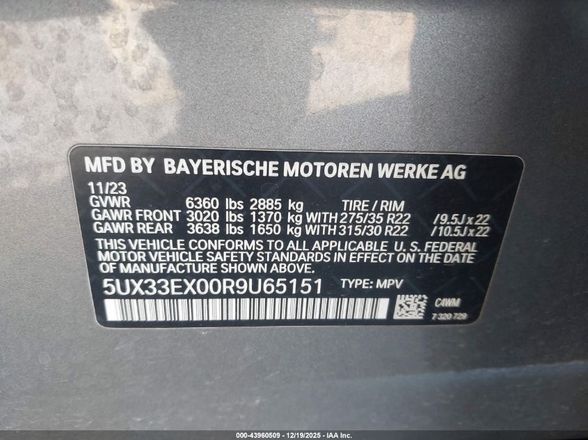 2024 BMW X6 xDrive40I VIN: 5UX33EX00R9U65151 Lot: 43960509
