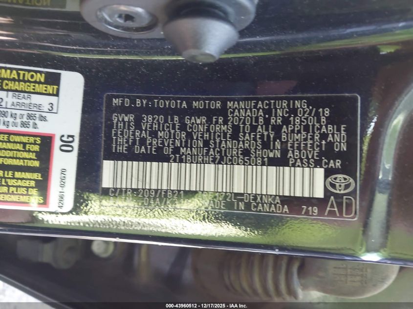 2018 Toyota Corolla Le VIN: 2T1BURHE7JC065081 Lot: 43960512