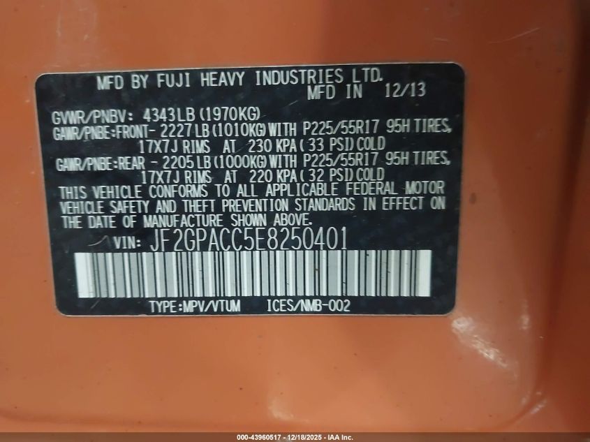 2014 Subaru Xv Crosstrek 2.0I Premium VIN: JF2GPACC5E8250401 Lot: 43960517