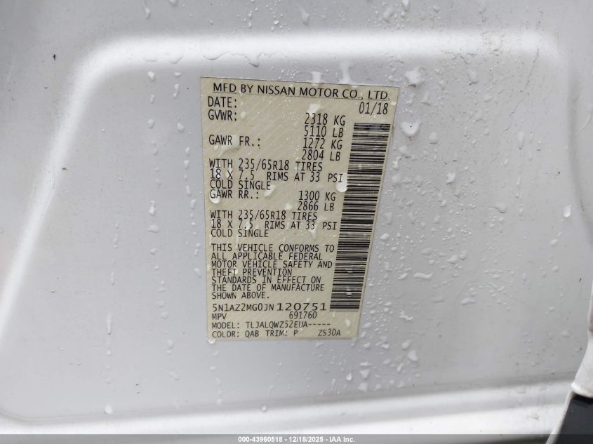 2018 Nissan Murano Sv VIN: 5N1AZ2MG0JN120751 Lot: 43960518