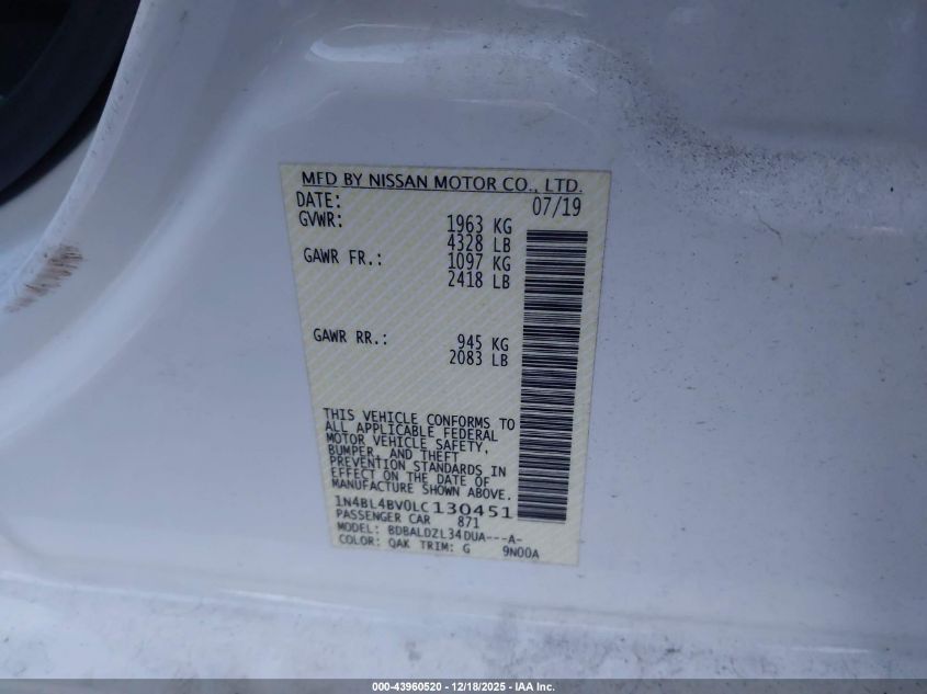 2020 Nissan Altima S Fwd VIN: 1N4BL4BV0LC130451 Lot: 43960520