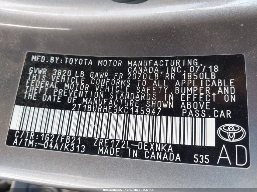 2019 Toyota Corolla Le VIN: 2T1BURHE3KC145947 Lot: 43960527