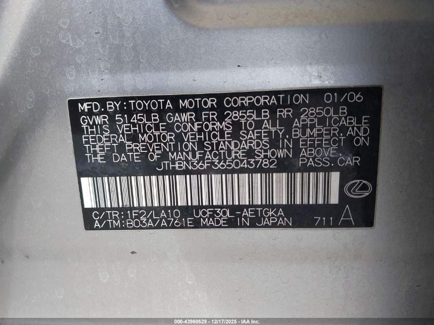2006 Lexus Ls 430 VIN: JTHBN36F365043782 Lot: 43960529