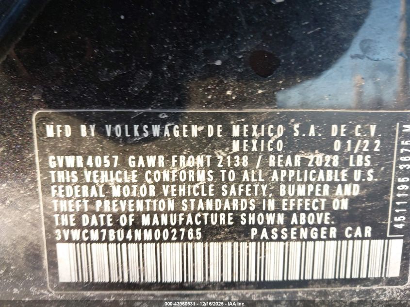 2022 Volkswagen Jetta 1.5T S VIN: 3VWCM7BU4NM002765 Lot: 43960531