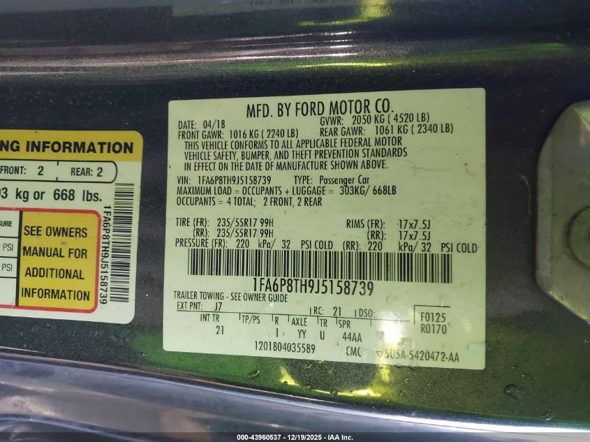 2018 Ford Mustang Ecoboost VIN: 1FA6P8TH9J5158739 Lot: 43960537