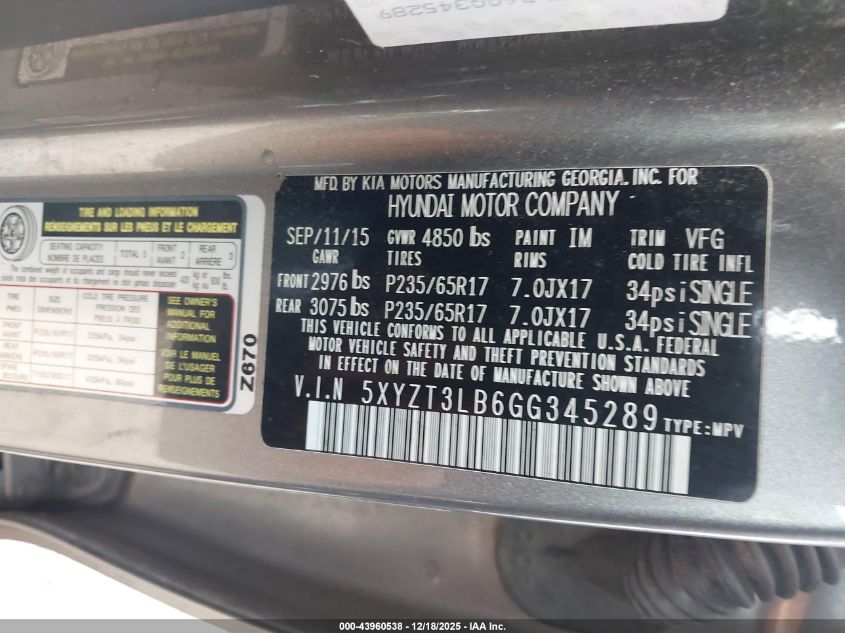 2016 Hyundai Santa Fe Sport 2.4L VIN: 5XYZT3LB6GG345289 Lot: 43960538