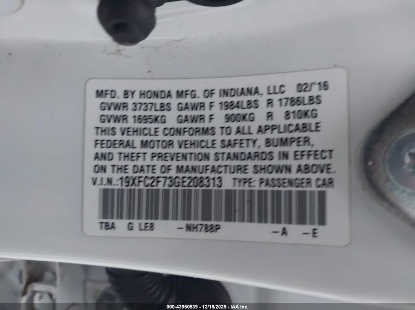 2016 Honda Civic Ex VIN: 19XFC2F73GE208313 Lot: 43960539