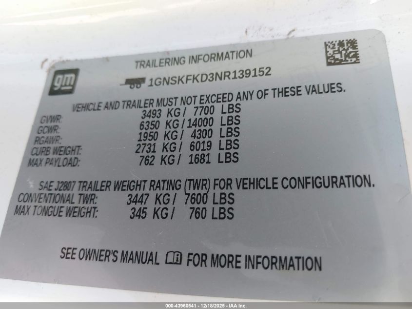 2022 Chevrolet Suburban 4Wd Premier VIN: 1GNSKFKD3NR139152 Lot: 43960541