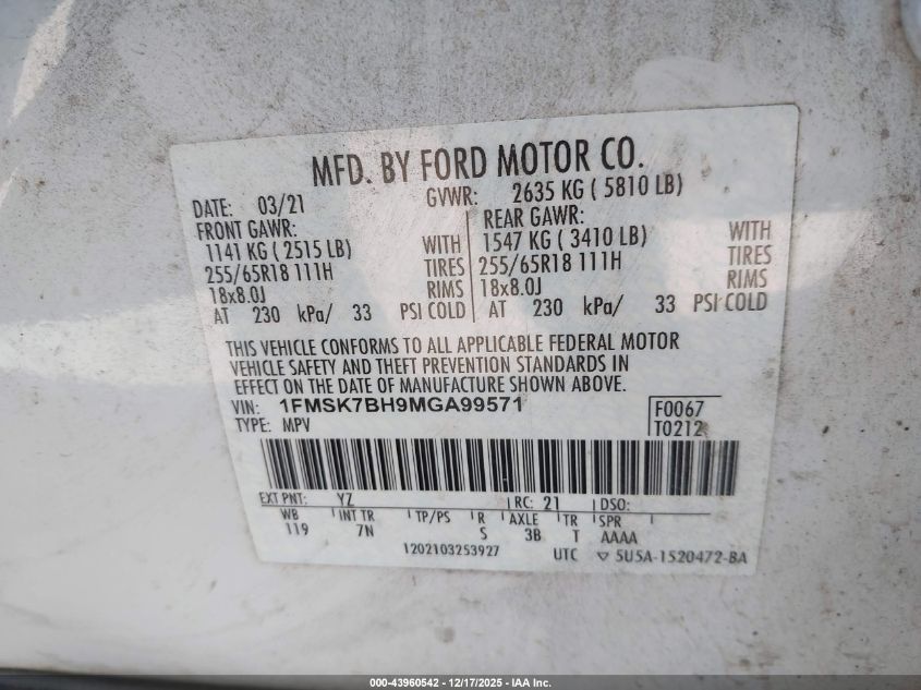 2021 Ford Explorer VIN: 1FMSK7BH9MGA99571 Lot: 43960542