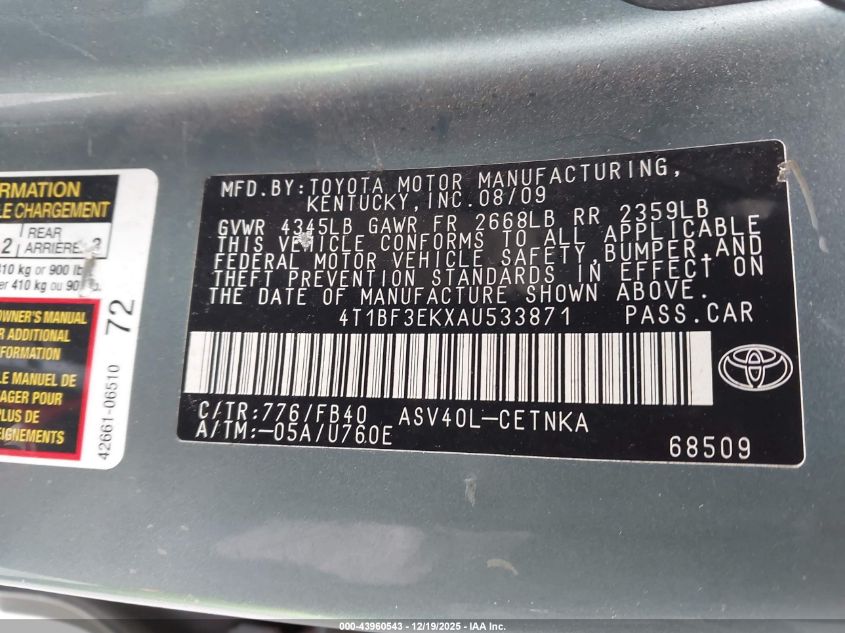 2010 Toyota Camry Le VIN: 4T1BF3EKXAU533871 Lot: 43960543