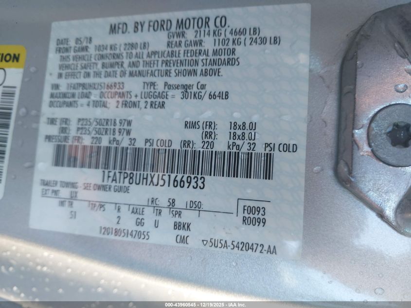 2018 Ford Mustang Ecoboost Premium VIN: 1FATP8UHXJ5166933 Lot: 43960545