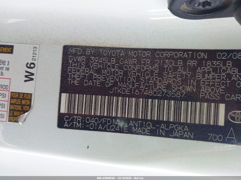 2008 Scion Tc VIN: JTKDE167480273587 Lot: 43960548