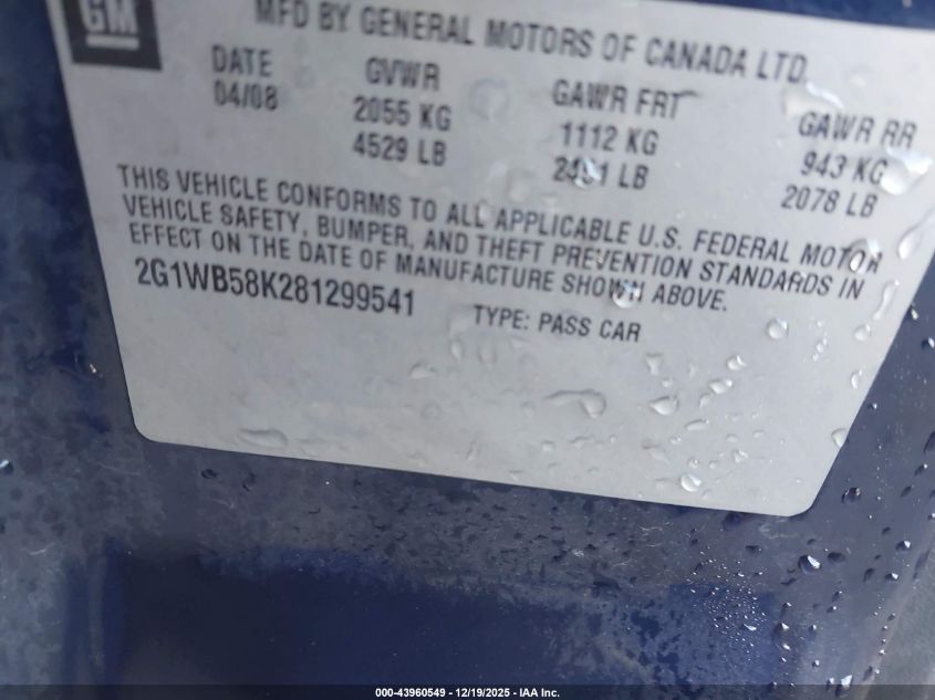2008 Chevrolet Impala Ls VIN: 2G1WB58K281299541 Lot: 43960549