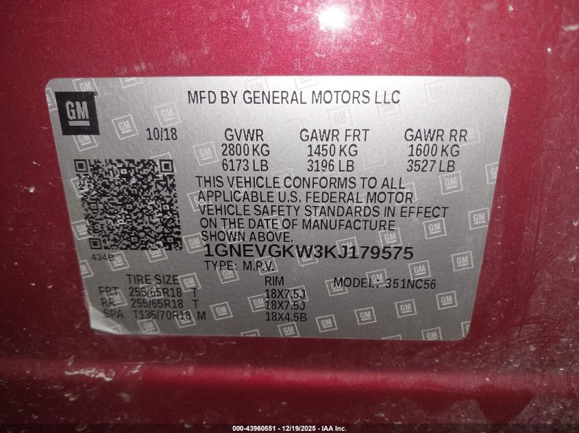 2019 Chevrolet Traverse 1Lt VIN: 1GNEVGKW3KJ179575 Lot: 43960551