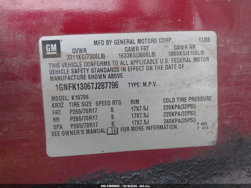 2007 Chevrolet Tahoe Lt VIN: 1GNFK13067J287796 Lot: 43960552