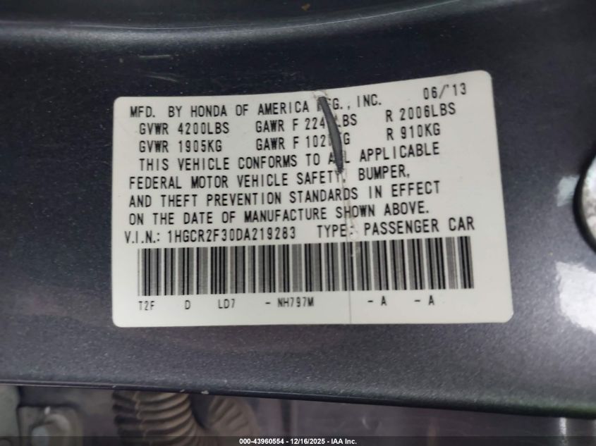 2013 Honda Accord Lx VIN: 1HGCR2F30DA219283 Lot: 43960554